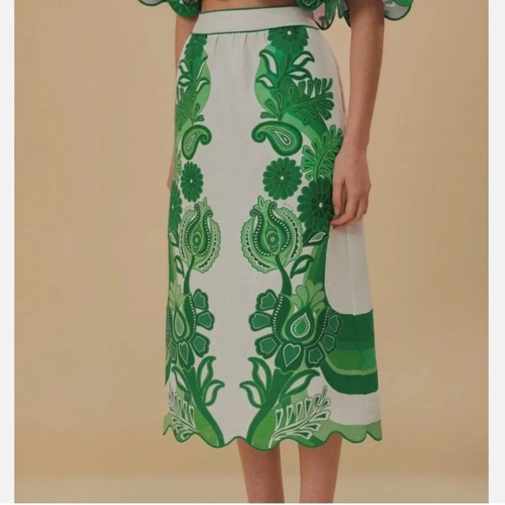 FARM Rio Color Festival Linen Midi Skirt, Green, NWT 🇧🇷 - Picture 4 of 16